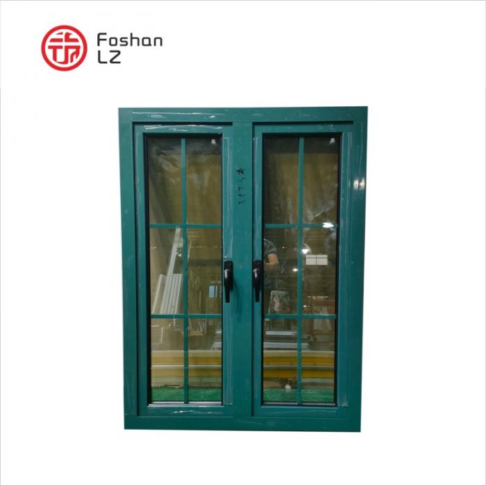 Green aluminum casement windows with grill design